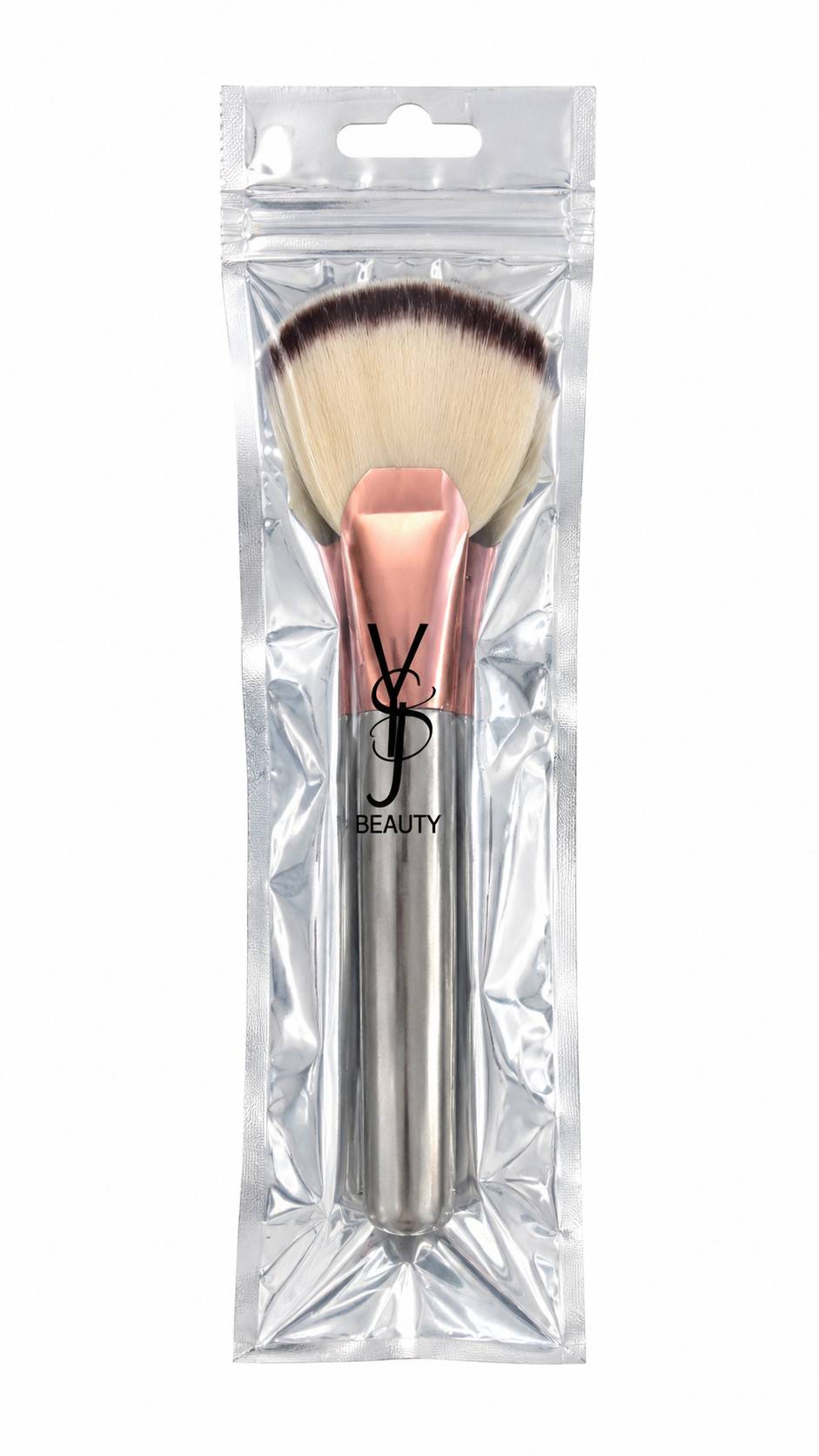 براش بادبزنی حرفه‌ای YJ Beauty – مدل بادبزنی پهن (نقره‌ای/رزگلد)